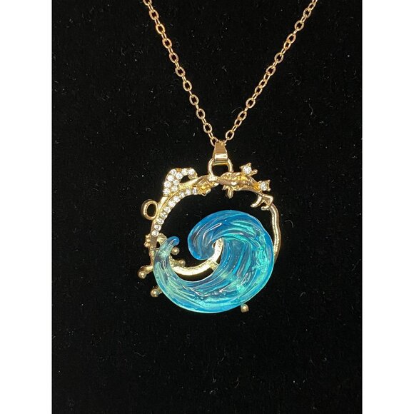 OCEAN’S OATH Blue Wave Ocean Necklace Ring Sz 8 Beautiful Rhinestone Gold Plated - Picture 10 of 10